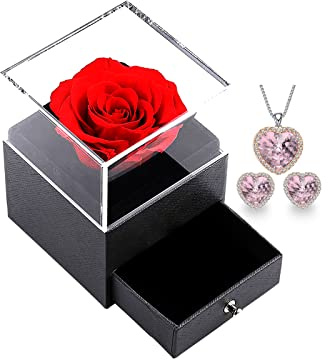 xuehaostore Rose Eternelle avec Collier, Préservée Rose Collier Amour et Boucle D'oreille Bijoux, Cadeau de fête des grands-mères/Cadeau de Noël/Cadeau Saint Valentin (Gold-pink)