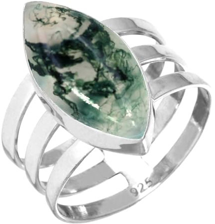 Jeweloporium Grüner Moosachat-Silberring, Größe 58 (18,5), 925er Sterlingsilberring für Damen, natürlicher Marquise-Stein, Boho-Schmuck