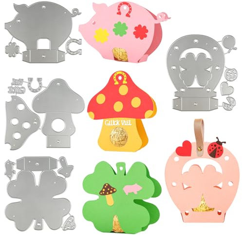 4 Sets Stanzschablone Box, Glückspilz Marienkäfer Kleeblatt Schwein Cutting Dies, Metall Stanzmaschine Prägeschablone, Herz Stanzformen für DIY Geschenkboxen, Süßigkeiten Boxen, Herstellung Geschenk