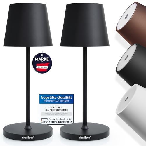 charlique® LED Tischlampe kabellos mini (Doppelpack) - Dinner Light schwarz 28 cm - Akku Tischleuchte mit USB, aufladbar, warmes Licht, indoor & outdoor geeignet