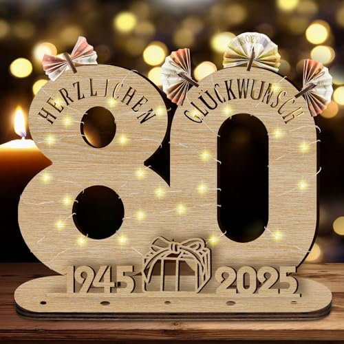 GothicBride 2025 80 Geburtstag Geschenk Geldgeschenke Geburtstag, 80 Geburtstag Deko Geschenke Holz-Schild Gästebuch mit LED Lichterkette, Geschenke zum 80 Geburtstag Männer Frau