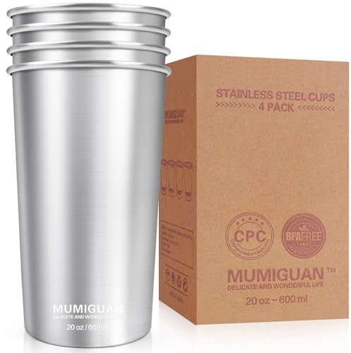 MUMIGUAN Vasos de acero inoxidable de 600 ml (paquete de 4), vaso de pinta de acero inoxidable, vasos de acero inoxidable para camping, vasos de metal apilables, sin BPA, apilables, duraderos.