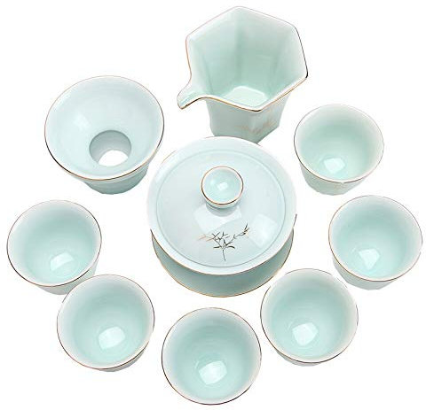 Juego De Té Juego De Té De Kung Fu Juego Completo De Tazón De Té De Cerámica De Horno Tazón De Cubierta Juego De Tazas De Té Pintadas A Mano para El Hogar Juego De Té De Bambú Verde Sombra 9 Piezas