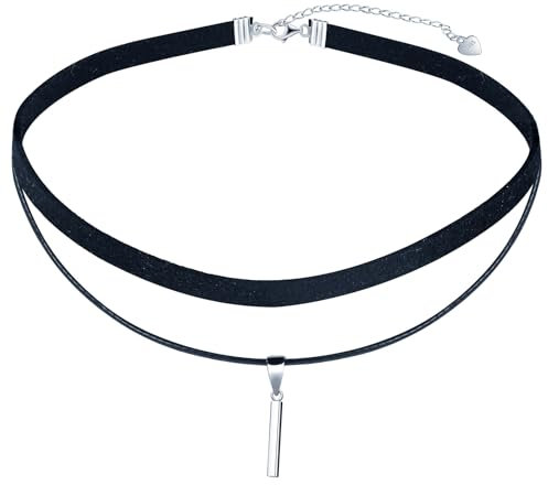 MICMIF Silber 925 Halskette Damen Choker Stab Anhänger mit Schwarz Halsband Kette Verstellbarer Kragen Halsketten/Doppellagige Schlicht Kette für Frauen Teenager Mädchen