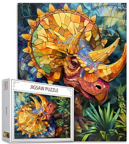 1000-teiliges Puzzle für Erwachsene, Buntglas-Dinosaurier-Puzzle, buntes Buntglas-Triceratops-Puzzle, herausfordernde Familienaktivitäten, perfekt für Spielabende, Puzzle als Wandkunst-Dekoration