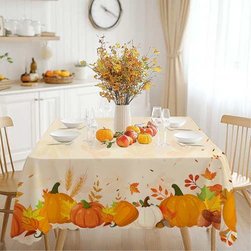 iEvery Autumn Pumpkins Wipe Clean Table Cloth, Thanksgiving Tablecloth Autumn Home Decor, Rectangular Waterproof Table Cover for Fall Harvest Party Holiday Outdoor Picnic 140x180cm