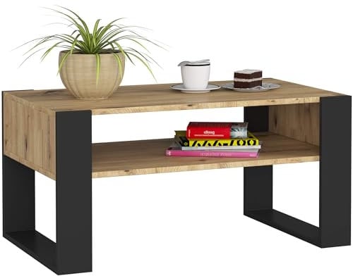 AKORD | Tavolino da Salotto in Legno - DOMI | Tavolo da Caffè con gambe un Ripiano | Coffee Table | Tavolini Basso Moderno | Arredamento Casa | 92 x 45 x 53 cm | Rovere Artigianale & Nero Frontale