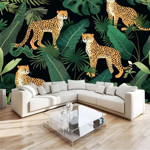 Art Fototapete Dschungel Leopard Tropische Pflanzen Grün 350x256 cm Vlies Tapeten 3D Effekt Moderne Wandtapete Wohnzimmer Schlafzimmer Wandbilder Wand