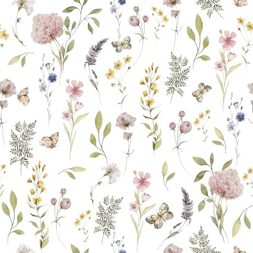 CHIDTB Bunte Blumen Wandaufkleber,Blumen Schmetterling Wandtattoo,Schlafzimmer Tapete Mädchen(44x300cm) Wildblumen Tapeten Selbstklebend,Pflanzen Wandsticker für Kinderzimmer Wohnzimmer Deko
