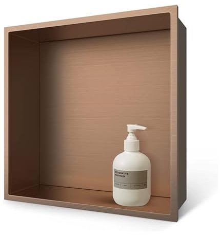 Étagère de douche murale moderne en acier inoxydable avec insert carrelé et porte-savon encastré en laiton, idéale pour les articles de toilette et les bouteilles de salle de bain