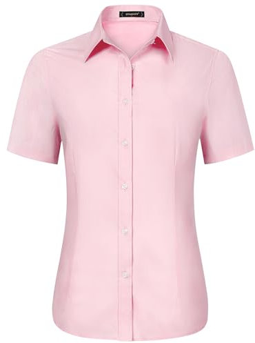 Stamain Womens Short Sleeve Blouse Office Pink Dress Shirts for Women Fitted Formal Work Wear Shirt for Women L