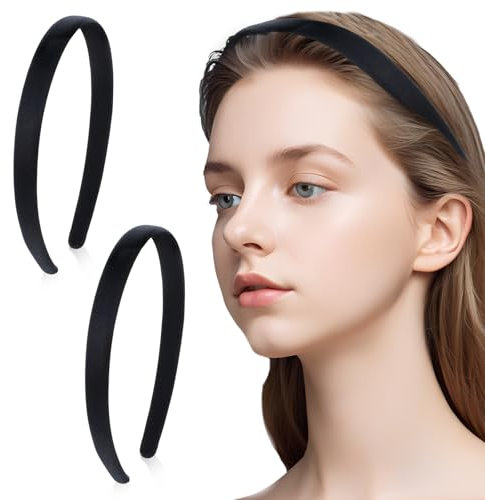 Thinp 2 Stück Haarreifen Damen Breit,Satin-Stirnbänder,1.5cm Breit Hartes Kopfband,Modisches Haarreifen Schwarz,Rutschfest Einfarbig Haarbänder,DIY-Haarschmuck für Damen Mädchen Weihnachten Party
