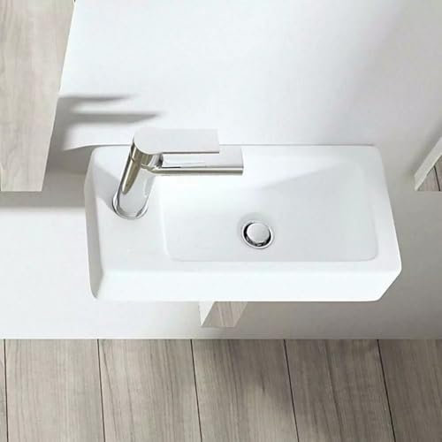 Mini Cloakroom Basin Ceramic, Small Rectangle Bathroom Sink Wall Mounted, Compact Hand Wash Basin Small Sink Bowl Left Hand Tap White