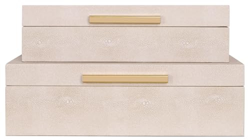 Hanna Roberts Faux Leather Stackable Nesting Jewelry Box with Lids Organizer – Set of 2 Beige Shagreen Decorative Storage Boxes with Gold Metal Handles