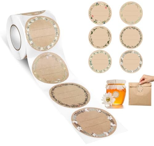 AiQInu Etiquettes Autocollantes Bocaux,500 Pièces Étiquettes à Confiture en Papier Kraft, Etiquettes Adhésives Étiquettes Confitures, pour Pots à éPices, Bouteilles,Sacs cadeaux, Enveloppes