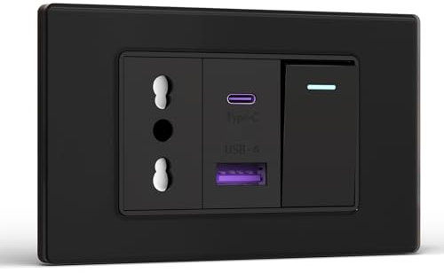 BSEED Prese Elettriche da Muro, Presa Bipasso e Interruttore 1 Gang 1 Via con 20W Carica Rapida, Presa Bivalente 10A/16A con USB A e USB C 118mm, Presa USB da Muro per Ufficio e Casa, Nero