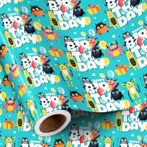 RUSPEPA Monster-Geschenkpapier, Mini-Rolle, süßes Monster-Design mit Luftballons, Sternen und „Happy Birthday“-Schriftzug für Geburtstage und Feiern, 43,2 cm x 5 m
