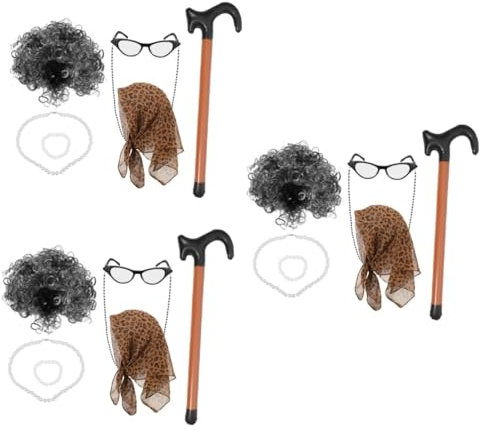 BESPORTBLE 3 Ensembles pour La Fête De Vieille Dame Adultes Perruques De Grand- pour Vieille Dame D'habillage De Grand- Senior Accessoire Un Verre