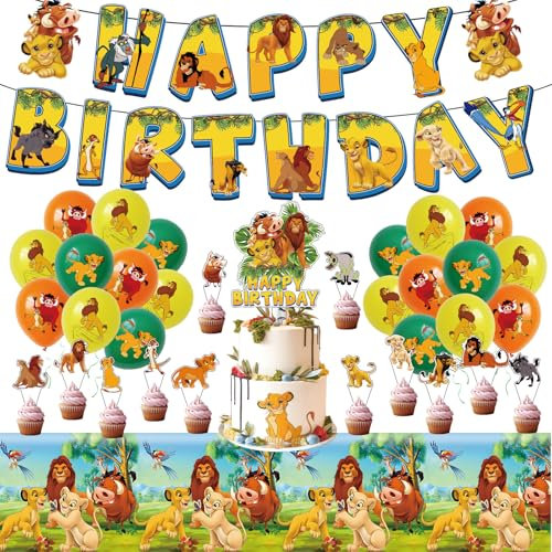 33 pcs Lion King Birthday Decorations, Lion King Cake Topper with 12 Cupcake Toppers 18 Balloons Banner Tablecloth Birthday Party Supplies Set for Fans
