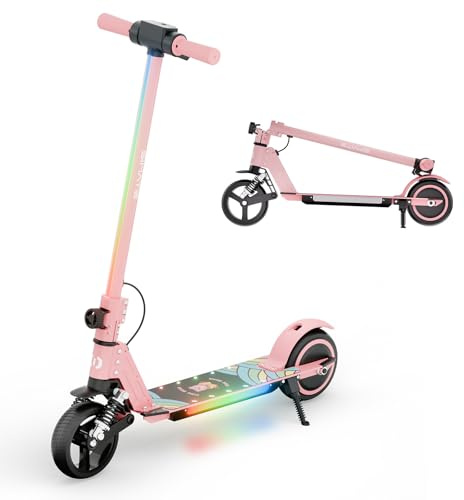 Qekud S5 Elektroroller für Kinder, Faltbares Kinderscooter mit LED-Beleuchtung, 6,5 Geländereifen, bis zu 14 Km/h, für 6-14 Jahre, Rosa