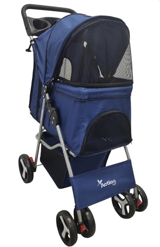 Actiaspet Foldable Pet Stroller Dog Cat Pushchair 15kg Multiple Colours (Navy Blue, Stroller)