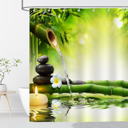 OCEUMACO Zen Rideau Douche Anti Moisissure 120x200 Galet Bambou Imprimé Vert Jaune Rideau de Douche Baignoire Tissu Imperméable Polyester Rideaux Salle de Bain Lavable Machine avec Anneaux