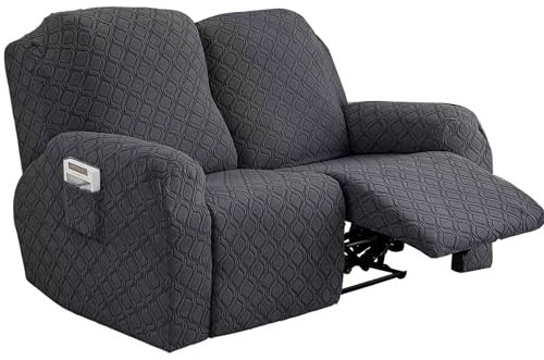 2 Seater Recliner Chair Cover, Stretch Recliner Sofa Cover with Side Pocket | Anti-Slip Fitted Washable Reclining Couch Replacement Furniture Protector Dark Gray