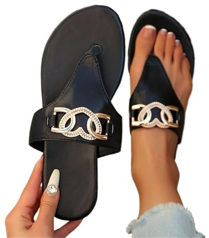 Metal Decor Summer Flip Flops For Women Clip Toe Flat Sandals Woman Non Slip Slippers(Black,42)