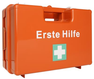 First Aid Products Erste Hilfe Koffer MEDIUM – inkl. DIN 13169:2021 Füllung – orange, ABS-Kunststoff, bruchsicher & schlagfest – Wandhalterung & Schrauben – große Büros, Schulen, Betrieb & Baustellen