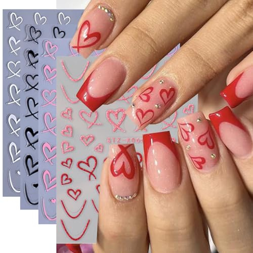 Muorruo 4 Sheets Heart Nail Stickers – Wavy Line Nail Design, 3D Self-Adhesive, Hollow Peach Heart-Shaped French Nail Stickers for Women, Valentine's Day Gift, Nail Decoration