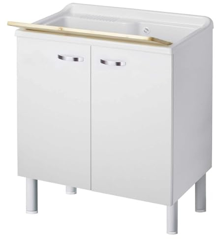 Negrari Arcobaleno Lavatoio Interno Misura 80x50 L80 P50 H85 cm Bianco Mobile Nobilitato Idrofugo Legno Vasca Resina Asse Lavaggio Polipropilene Sifone Autopulente Troppopieno Piedini Regolabili