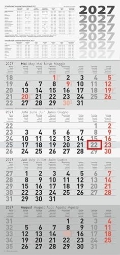 rido/idé 4-Monatskalender 2027 | grau, 300×630 mm: 1 Blatt = 4 Monate