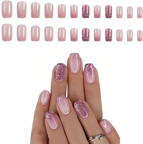 24 Pièces Faux Ongles Courts Pressés, Dégradé Rose Éclatant avec Paillettes, Couleurs Multicolores et Cadeau Parfait