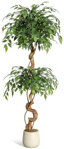 GarveeHome Árbol Ficus Artificial Grande 150 cm con Tronco Curvo – Planta Decorativa De Interior Ultrarealista Sin Mantenimiento con Maceta De Cemento Estable para Salón, Oficina, Verde Natural