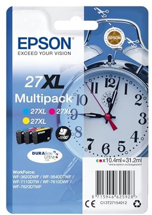 Epson Original 27XL Tinte Wecker (WF-3620DWF, WF-3640DTWF, WF-7110DTW, WF-7210DTW, WF-7610DWF, WF-7620DTWF, WF-7710DWF, WF-7715DWF, WF-7720DTWF), Multipack 3-farbig