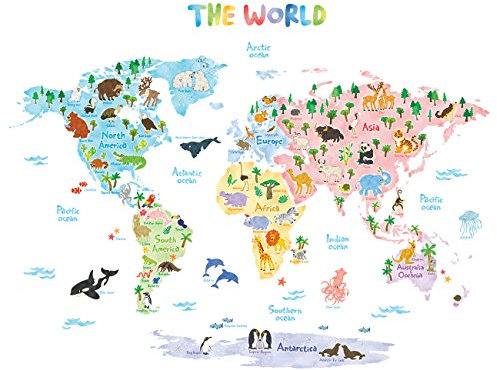 DECOWALL DL3-1615 Extra groß Weltkarte Tierweltkarte Tiere Wandtattoo (140x106 cm) Wandsticker Wandaufkleber Wanddeko für Wohnzimmer Schlafzimmer Kinderzimmer (Englisch Ver.)