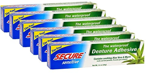 SECURE Sensitive Waterproof Denture Adhesive 6 x 35g - Zinc Free | Sensitive Formula, Waterproof Hold, Zinc Free, 6 x 35g Tubes, Denture Adhesive Cream
