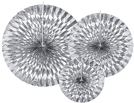 Papier Rosetten Deko 23-40cm 3er Set Dekofächer Papierfächer Blumen hängend Geburtstag Party Silber