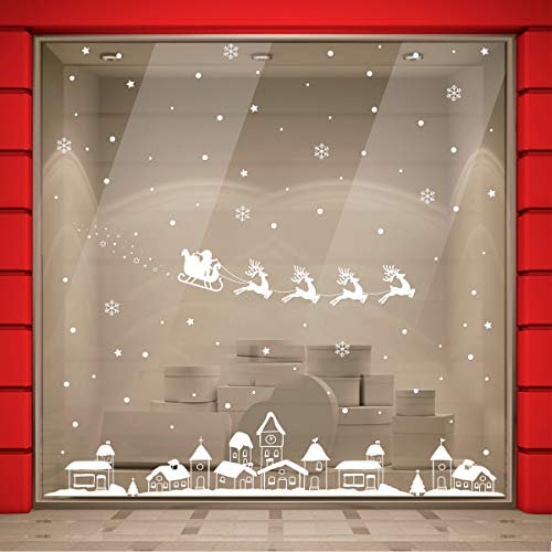 Pegatina para ventana de Navidad de 200 x 200 cm, para escaparates de Navidad, tiendas de Navidad, pegatinas decorativas para ventanas, pegatinas de Papá Noel, renos, pegatinas navideñas con copos de