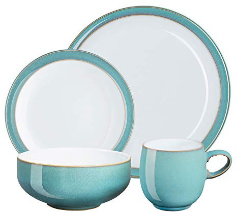 Denby - Azure Blue Dinner Set for 4-16 Piece Ceramic Tableware Plates & Bowls Set Blue, White - Dishwasher Microwave Safe Crockery - 4 x Dinner Plate, Small Plate, Cereal Bowl, Coffee Mug