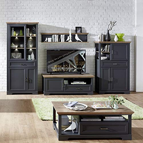 Lomadox Moderne Wohnwand inkl. Couchtisch Dekor Graphit mit Deckplatten in Artisan Eiche Nb. Vitrine mit LED