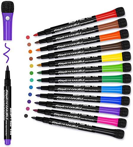 Magnetic Dry Erase Markers Fine: 12 Colors Erasable Whiteboard Markers Fine Point with Eraser Cap, Low Odor White Board Dry Erase Pens Fine Tip for Kids & Teachers, Home, Office and School Supplies