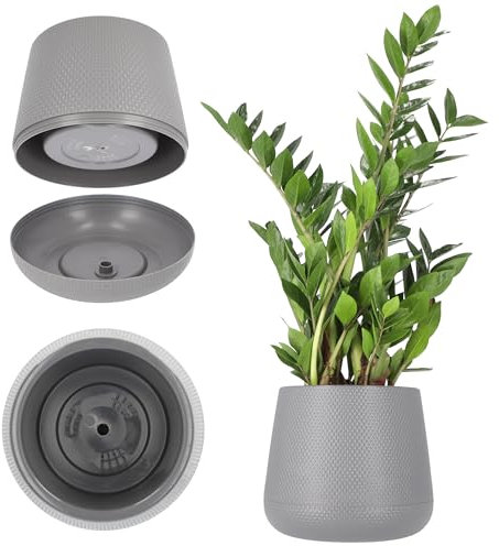 KADAX Blumentopf aus Kunststoff, ⌀13-23 cm, 4 Farben, ovaler Topf mit Untersetzer im Set, Pflanzentopf, Blumenübertopf, Pflanzkübel, Übertopf (⌀ 23 cm, grau)