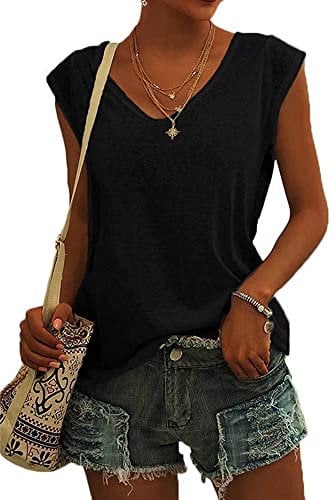 ASKSA Women V Neck Cap Sleeve T-Shirt Summer Solid Color Tank Top Casual Loose Shirts Basic Tee Tops (Black,M)