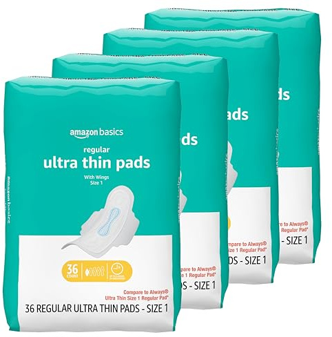 Amazon Basics Regular Absorbency Feminine Pads for Women, Ultra Thin with Flexi-Wings, Unscented, Size 1, Absorbent, 144 Count (4 Packs of 36) (Previously Solimo)