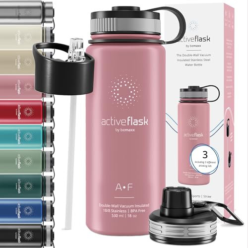 Gourde Inox Isotherme ACTIVE FLASK 1l/500ml sans BPA + Paille (3 Bouchons) | Bouteille d’eau Acier Inoxydable Isolée, Thermos Réutilisable | Camping Velo Sport Running Randonnée Enfant, Café The