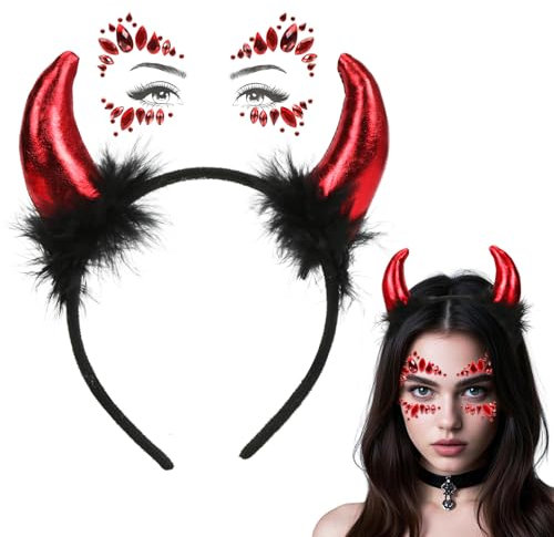 Sprinlot Serre-tête Diable Rouge, Cornes de Diable Glitter Tattoo, Bijoux de cheveux Oreilles de Diable Rouge, Serre-tête Tatouage Carnaval Fête d'Halloween ST-Home-A33-1