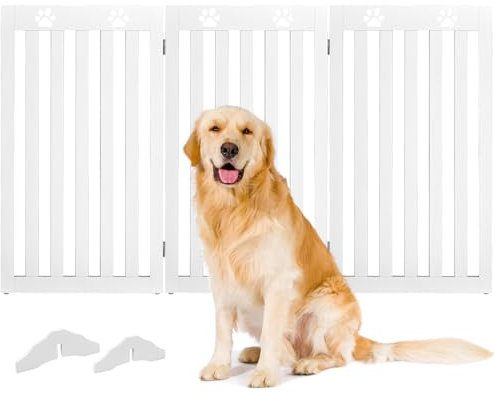 COSTWAY Barrière de Sécurité Pliable en Bois pour Animaux de Compagnie, Clôture Autoportante à 3 Panneaux, Portail pour Chien avec Charnières Flexibles à 360° et 2 Pieds Amovibles, 151,5 x 89 CM