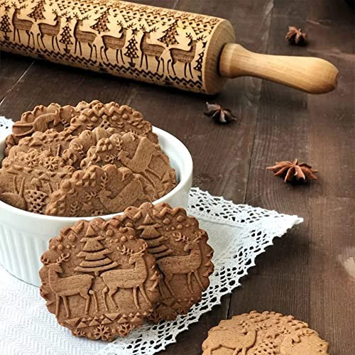 Nudelholz Weihnachten Engraved Rolling Pin, 3D Elch Teigroller Muster, Motiv Nudelholz Aus Holz, Graviertes Nudelholz Für DIY Bäck Gebäck Cookie Küchen (B)