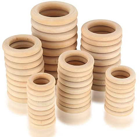 60 Stück Holzringe zum Basteln, Natürliche Holz Ringe, Makramee Ringe für DIY Schmuck Makramee Armband Anhänger Hängende Dekoration Ringe (3/3,5/4/4,5/5/5,5 cm)